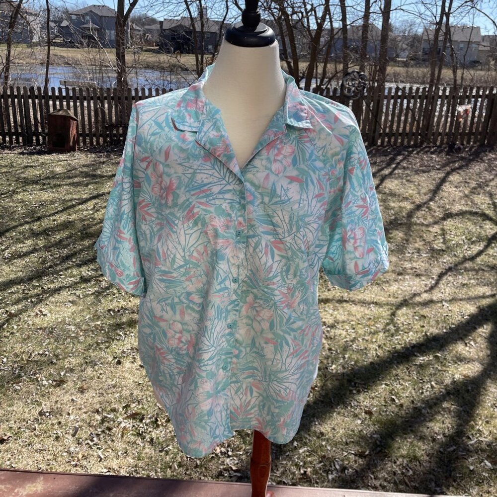 Vintage Pennylane Womens Tropical Floral Button-Up Shirt Size 22W 55% Cotton 45%